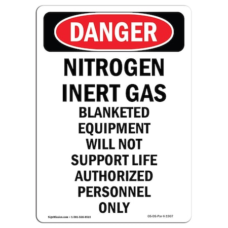Signmission OSHA Sign, Portrait Nitrogen Inert Gas Equipment, 24in X 18in Rigid Plastic, 18" W, 24" H, Portrait OS-DS-P-1824-V-1907